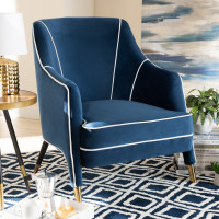 Baxton Studio TSF-6634-Navy/Gold-CC Ainslie Glam and Luxe Navy Blue Velvet Fabric Upholstered Gold Finished Armchair